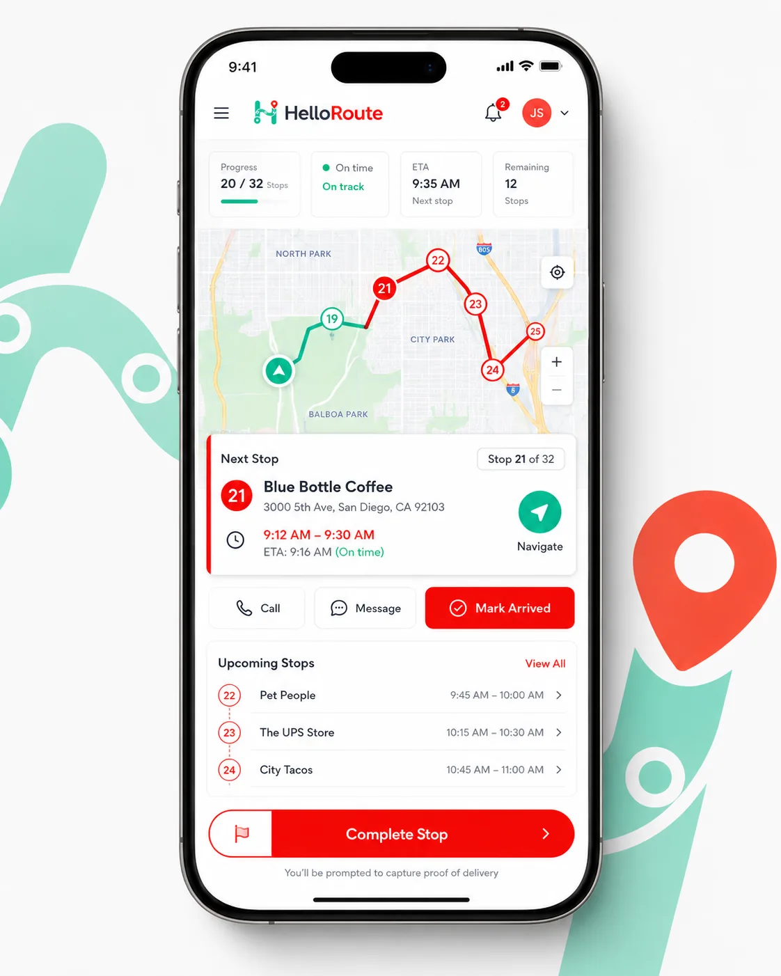 Circle Routes driver mobile app showing active route and next stop