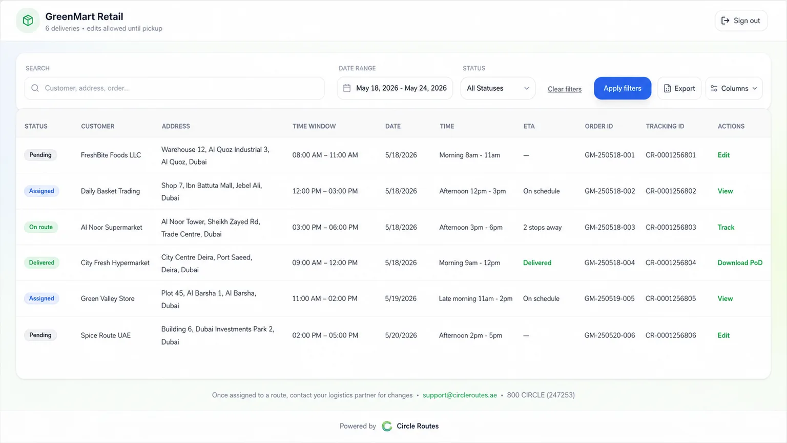 Merchant portal order table for retail merchants